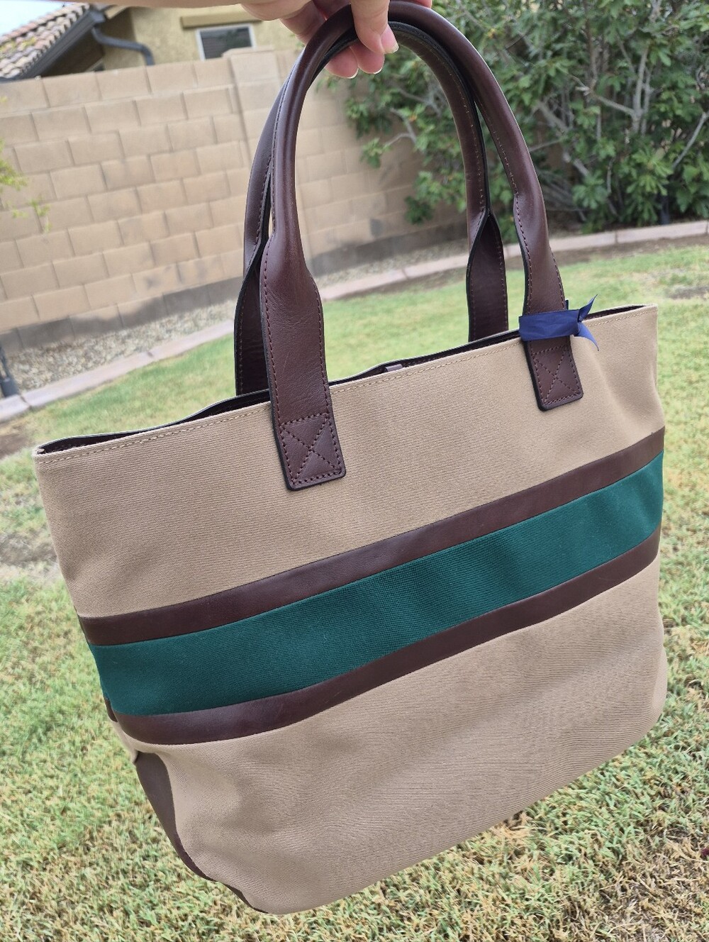 Vintage Dooney & Bourke Small Brooklawn Tote Tan Green Stripe - Picture 3 of 15